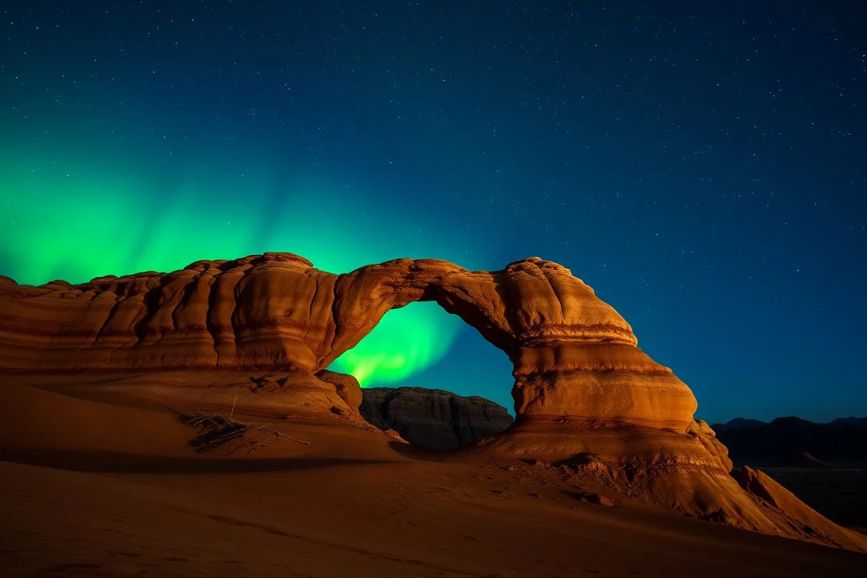 realistic natural land bridge rock formation in a desert at night with a brilliant norther lights display in the distance, starry night, aroura borealis,