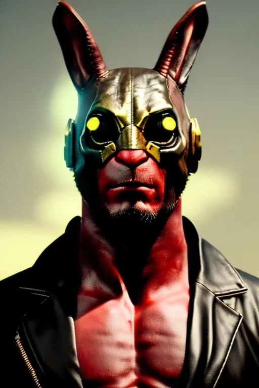 Medium Close Up Portrait, Front image. cyberpunk, rabbit mask helmet, strong man, gold hair. Leather suit. Black, red, color. Hellboy style. Color background, photo studio. Avatar image, highly detailed, concept art, smooth, unreal engine 5, ray tracing, RTX, lumen lighting, ultra detail, volumetric lighting, 3d, finely drawn, high definition, high resolution.