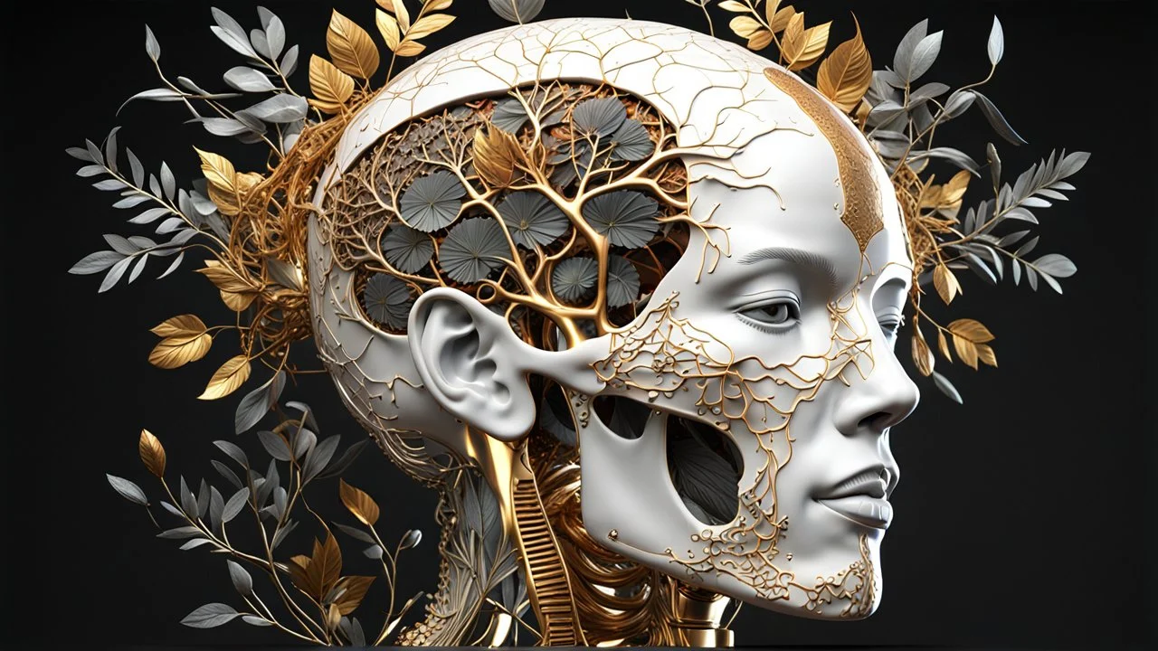 3D rendering of a head of an impressively detailed and complex hyper-realistic "human anatomy": scientific, single object, glossy white, shiny gold, vines, tribalism, black background, shamanism, cosmic fractals, octane rendering, 8k post-processing, detailed metallic bones, dendritic, artstation : Award Winning: Professional Portrait: Atmospheric: Commanding: Fantastic: Clarity: 16k: Ultra Quality: Astounding: Shine: Stunning Colors: Stunning Depth