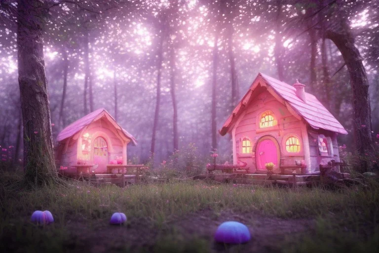 a cute pink and blue fairy house in the forest, spring time, mushrooms, 8k, flickering light, centered, high-quality, fine-detail, digital art, detailed matte, volumetric lighting, illustration, 3D octane render