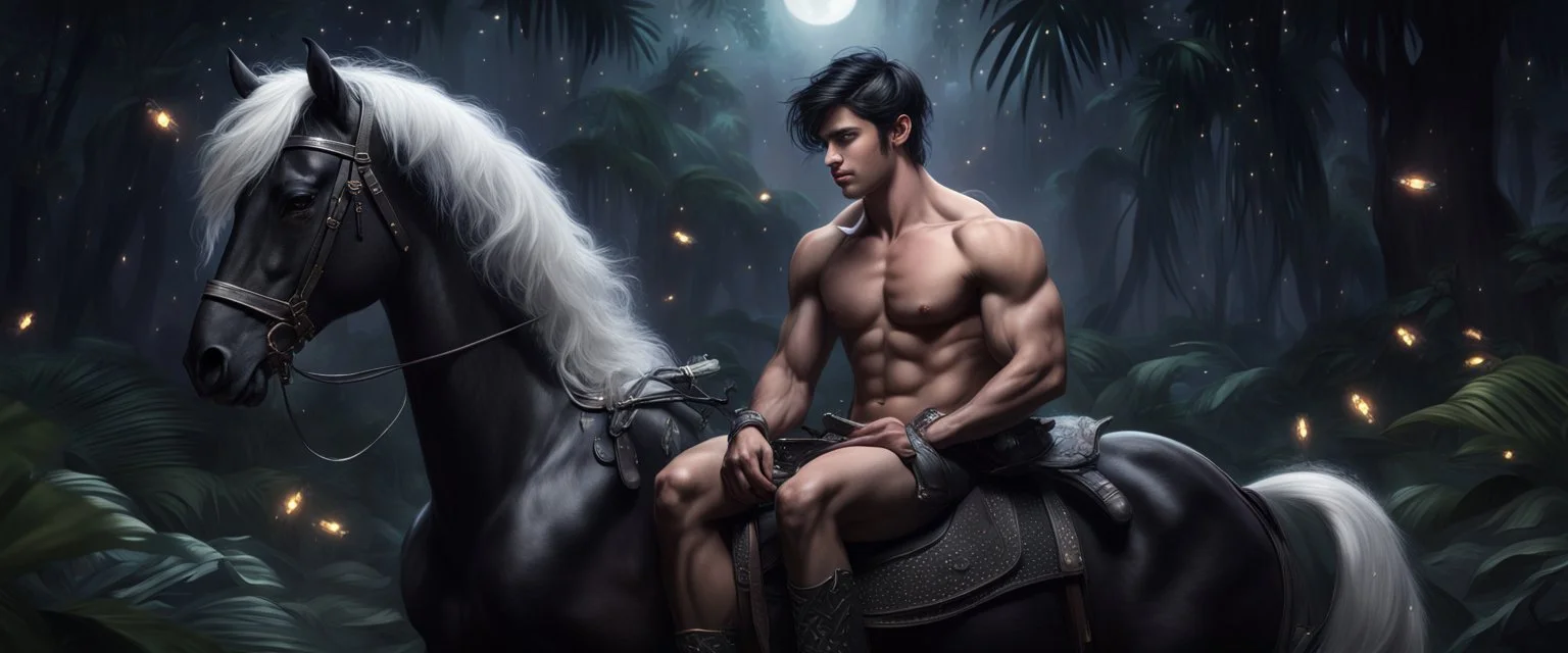 Hyper Realistic shirtless handsome muscular prince with short black hair sitting on a black horse with white hair in a dark jungle with fireflies at a dark night