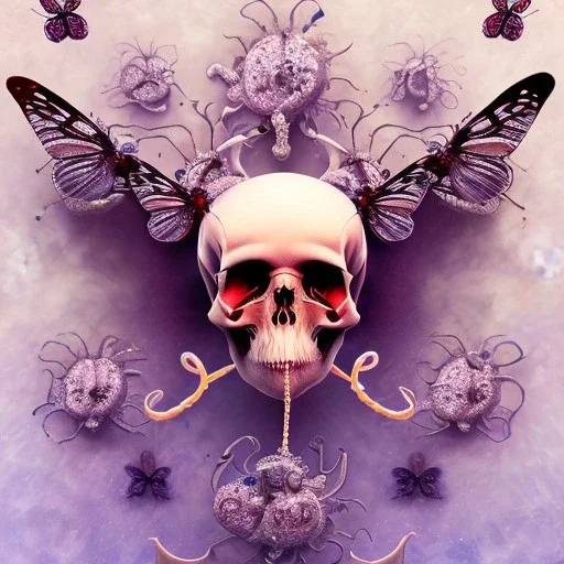 butterflies everywhere, skull, pose, angle, centipede, insects, nest, octopus, fly, squid, multiple eyes everywhere, leaning pose,