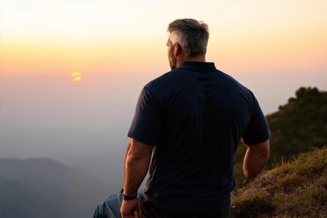 a brawny man with grey hair views sunset from a cliff