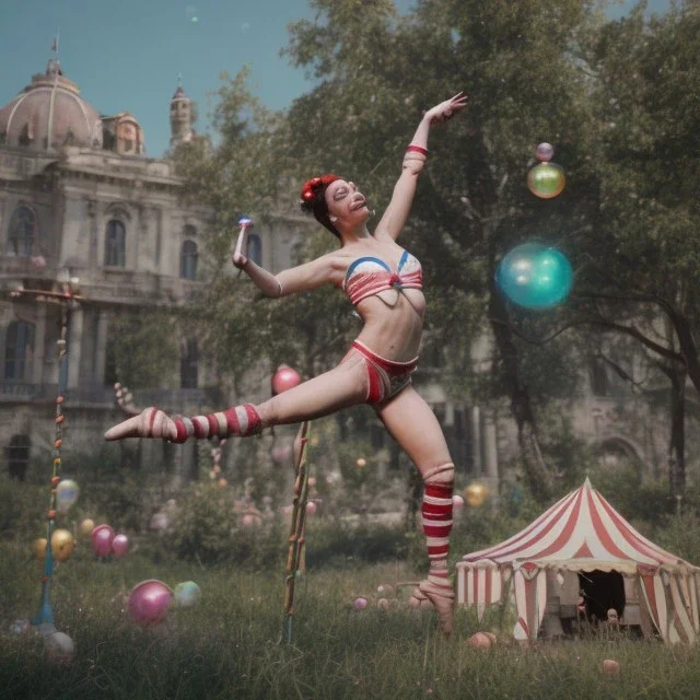 Ultra realistic circus scene. Classic acrobat woman, waist up view, Wes Anderson style, happy, bubbles, highly detailed, concept art, unreal engine 5, god rays, ray tracing, RTX, lumen lighting, ultra detail, volumetric lighting, 3d, finely drawn, high definition, high resolution.