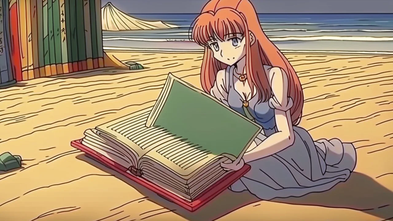 drawn in 90s anime style, retro anime style, still live, 1 singular Book lying with a cover on table the cover depicting a woman on the beach, medieval grimoire, no people, no cluter
