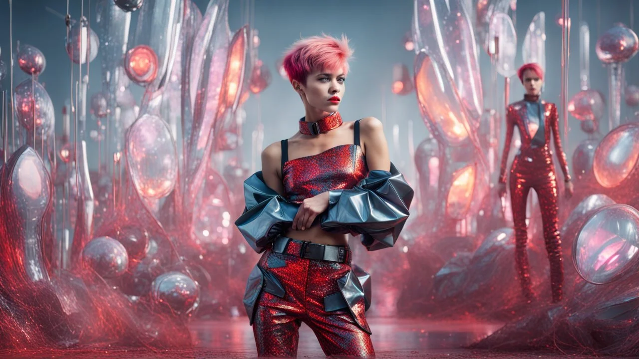 Captivating fashion effortlessly loaned by (her daring extra red pixie cut). She's chicly garbed in an avant-garde futuristic clothes, full body,, channelling the chaotic beauty , standing best pose in a grey distopic landscape of shimmering vibrant fashion artworks, radiating and weird cyber style