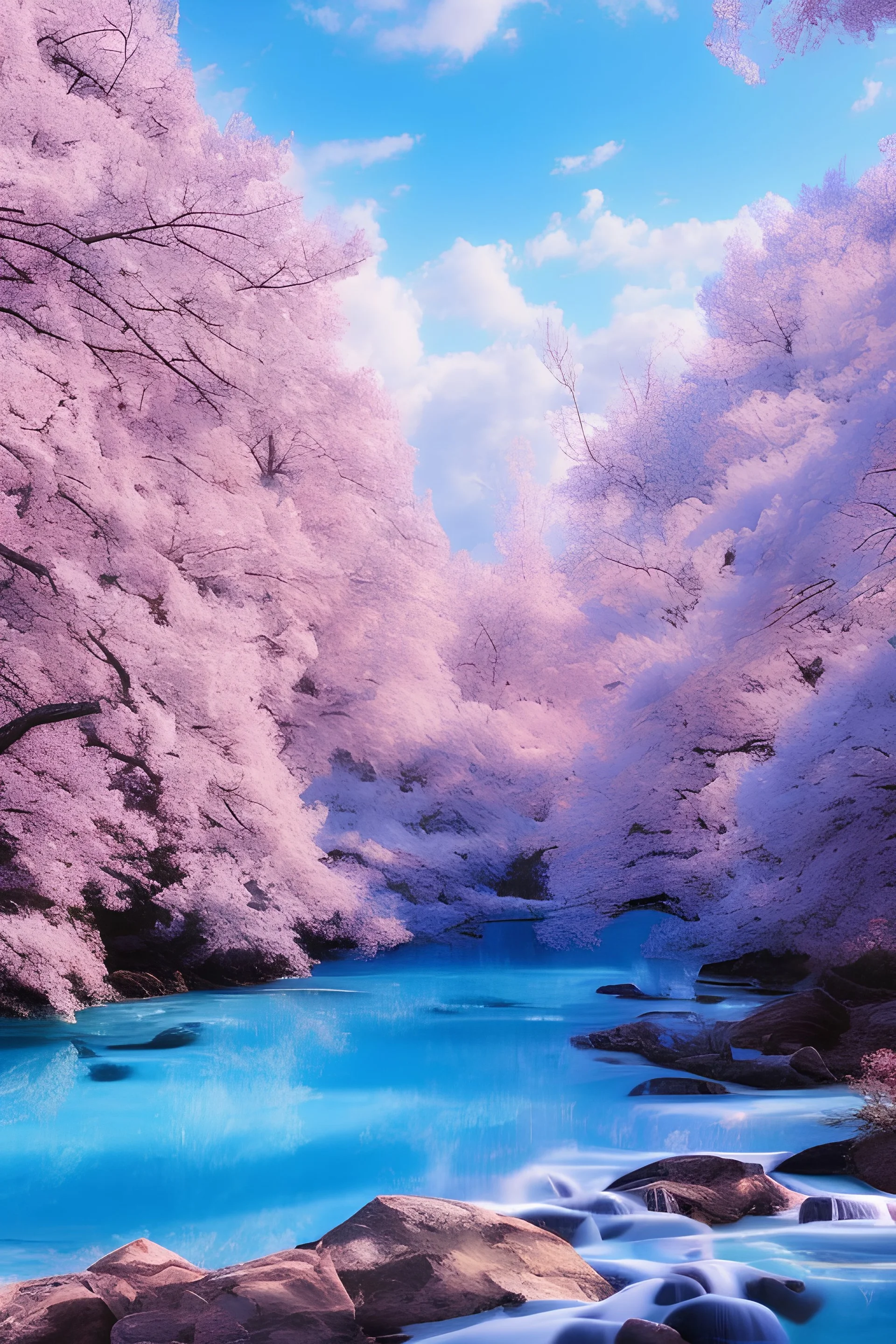 Une Source bleue, eau qui coule limpide crystalline , ciel bleu, paysage douceur bleue,arbres roses , harmonie , belle lumière