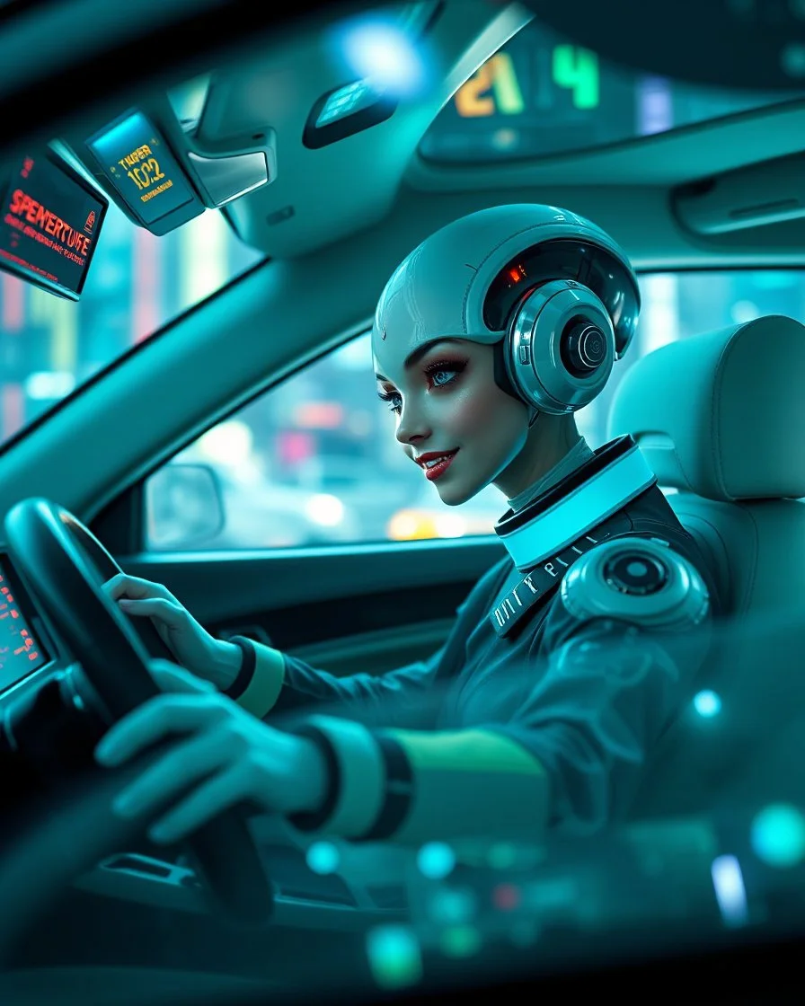 super-civilization, a cheerful alien girl-cosmotaxi driver at the helm of a super-advanced space taxi, a super-advanced interior and many holographic transparent multi-colored cybertaxi displays, ultra-clear 32K photo, hyper-detailed, super-realistic