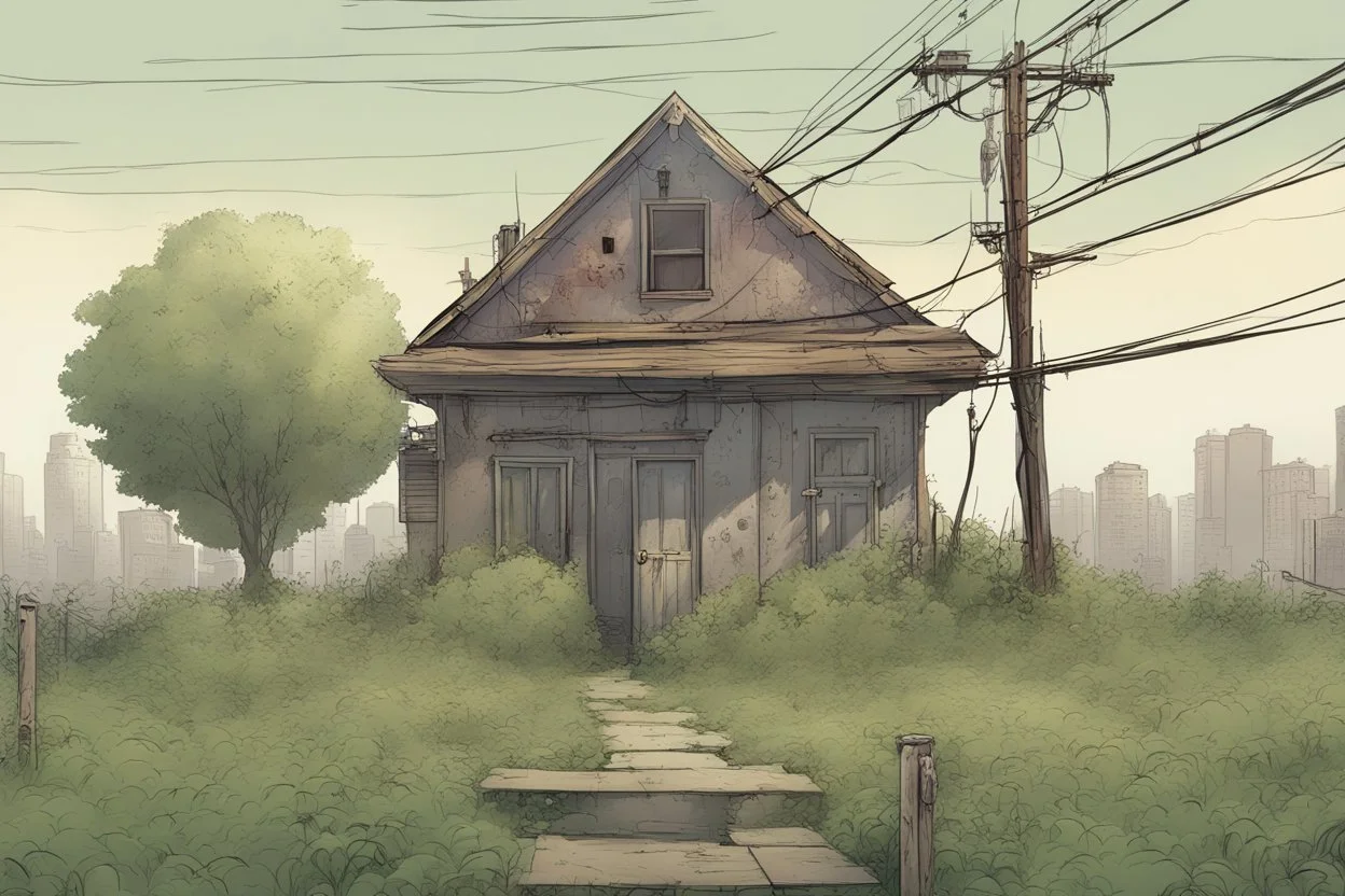 house, electrical box, overgrown, post-apocalyptic, comic book, city background