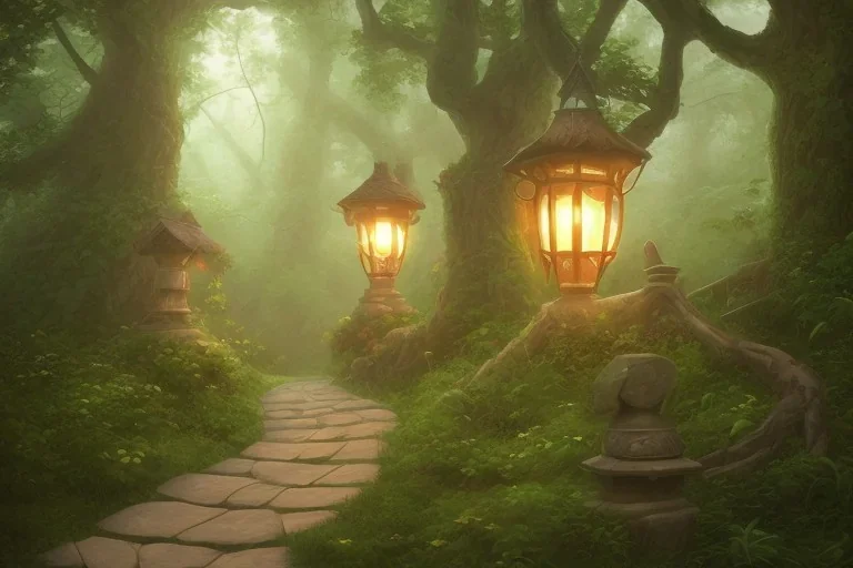 wooded forest stone lantern path