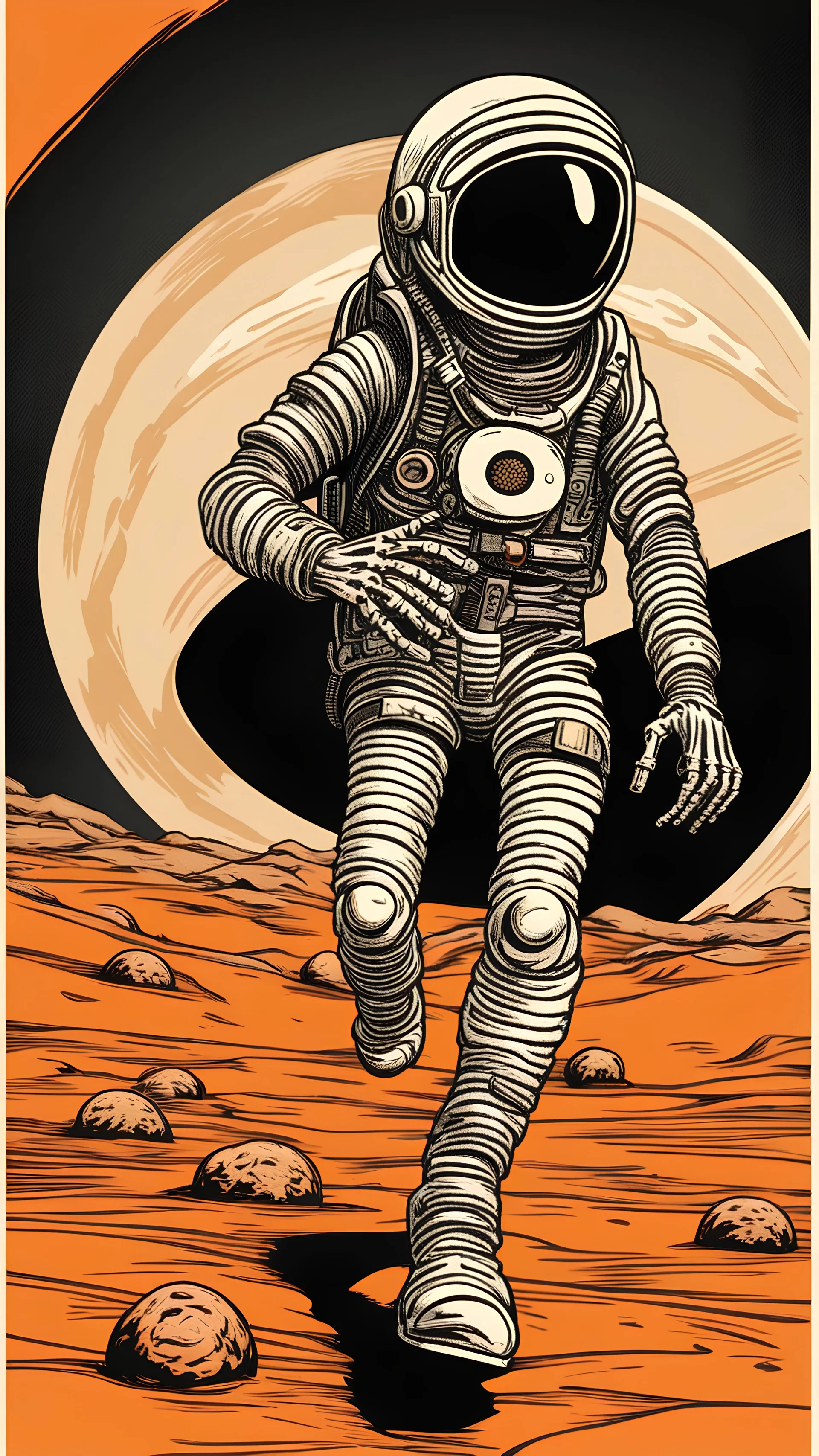skeleton astronaut walking on an orange planet, retro comic, jack kirby style