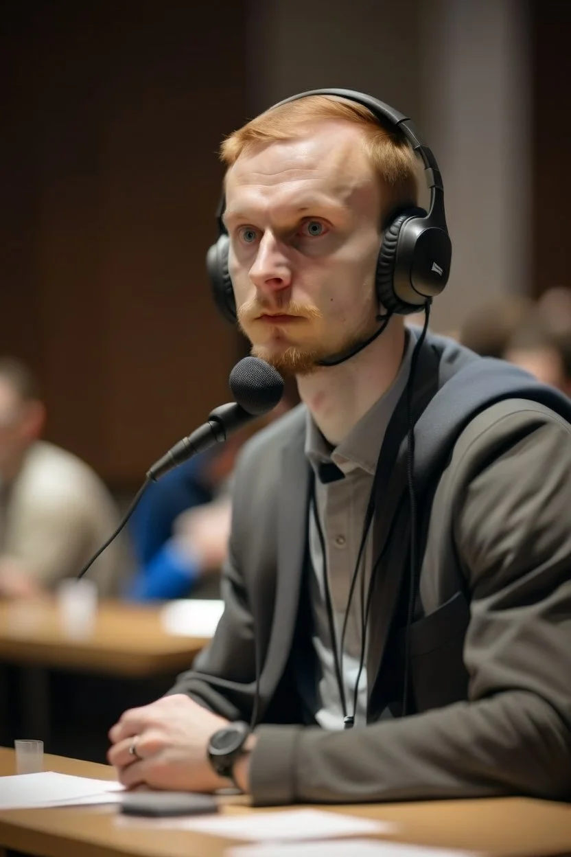 A simultaneous translator of Slavic appearance sits at a table with headphones on at a briefing and translates into a microphone, in a large hall, there are a lot of people around, the background is blurred, everything is in pastel light colors