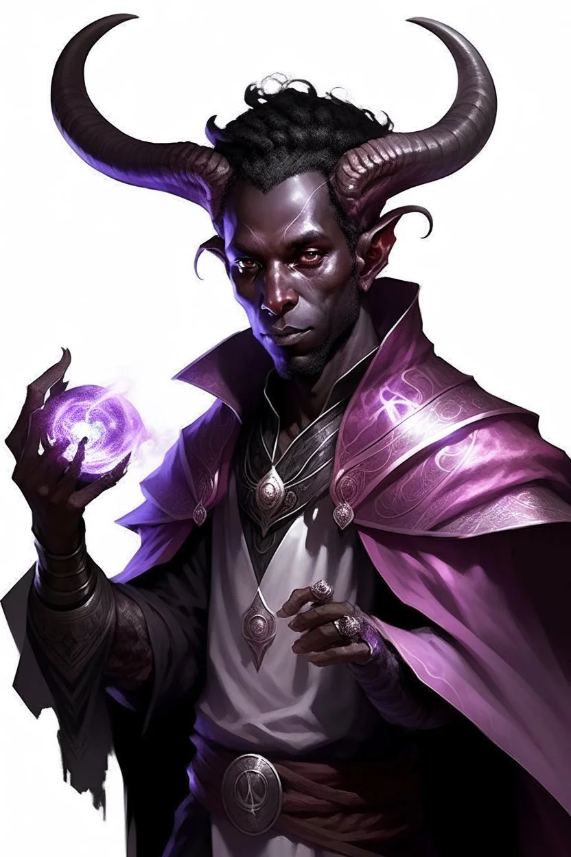 En Young male black skin black hair tiefling Wizard with large horns glowing Purple symbols Everywhere on his body. He's wearing silver and White Rope and a silver cloak. His horn a perfectly place on acet from the front to the back pointing upwards with glowing Red cat Eyes. His close is elegant get simple. Casting and ice spell