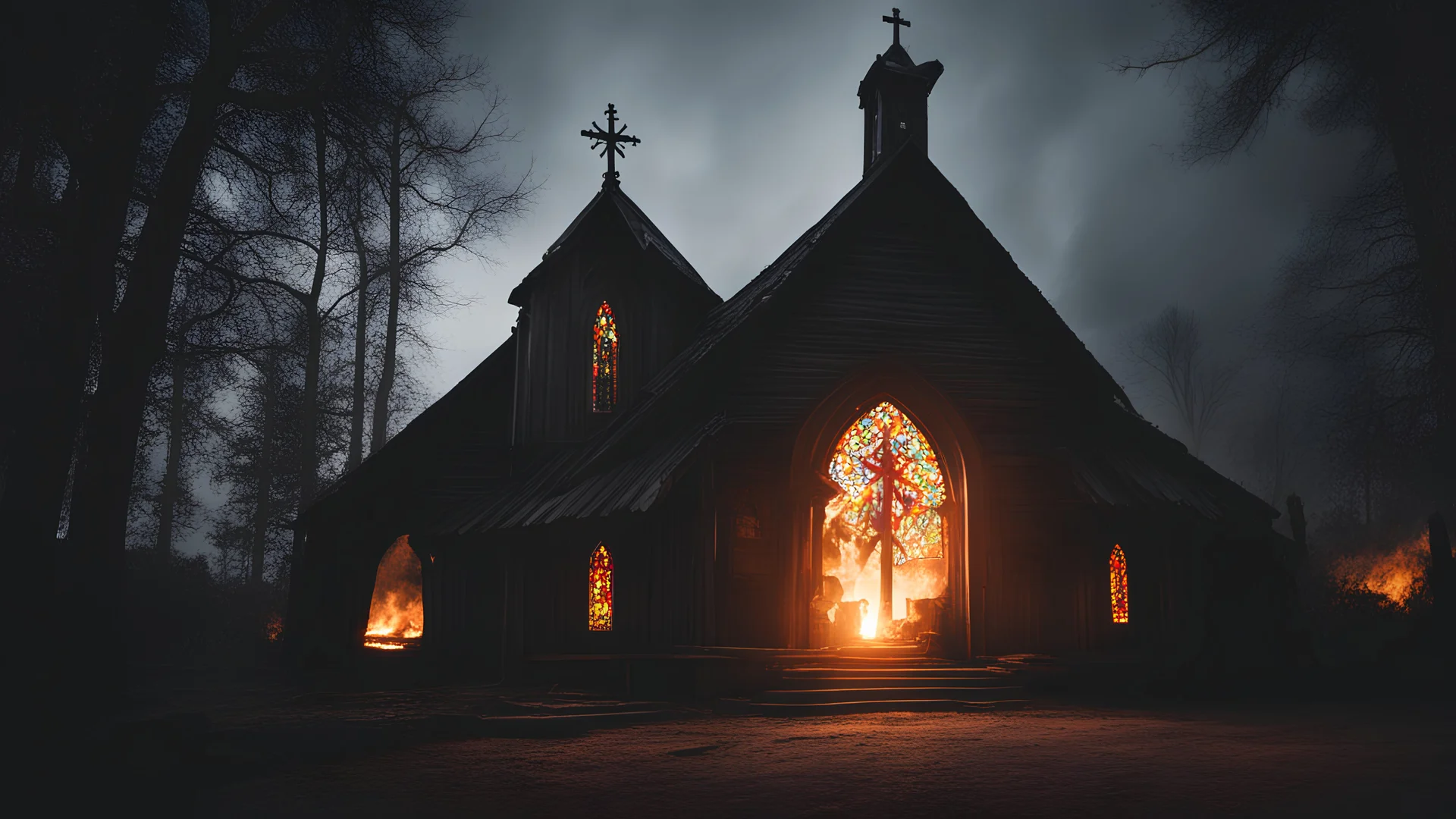 Wooden old black church with stainglass in the fire, dark background, wooden cross in front of the church