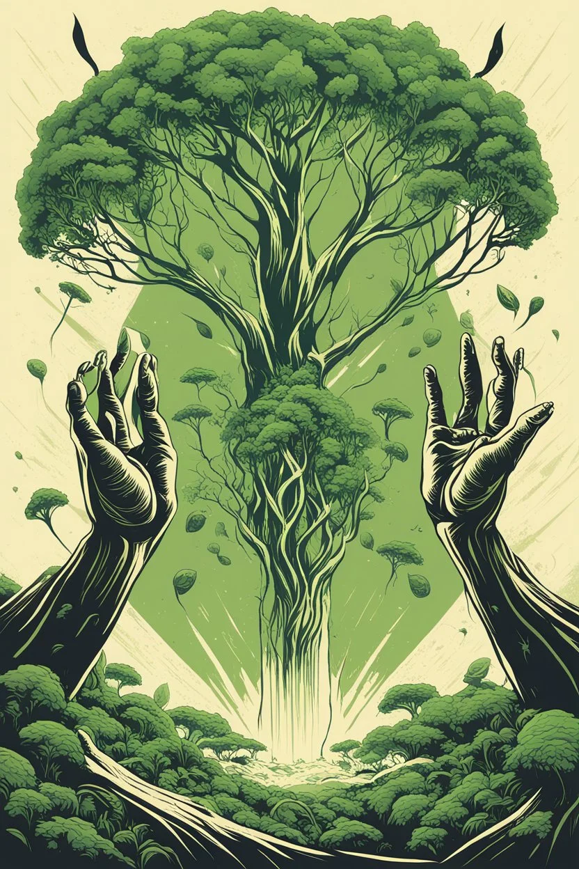 Huge hands holding saplings, The giant is planting a big green tree, first contact concept art, silkscreened mind-bending illustration; sci-fi poster art, asymmetric, futurism