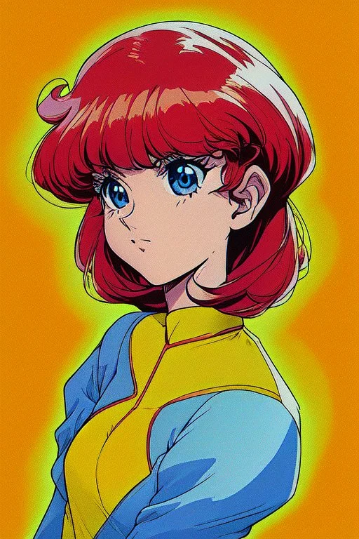 1girl, retro anime, 80's, redhead,Portrait of beautiful woman, sparkling dark blue eyes,