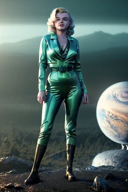 Ultra Realistic retro sci-fi 1960 scene, waist up view portrait, blonde woman, sweet young Marilyn Monroe face, perfect iris, tight latex coat, alien planet background, tight style, steel sphere dron levitating, fog, rain, soft color, highly detailed, unreal engine 5, ray tracing, RTX, lumen lighting, ultra detail, volumetric lighting, 3d, finely drawn, high definition, high resolution.