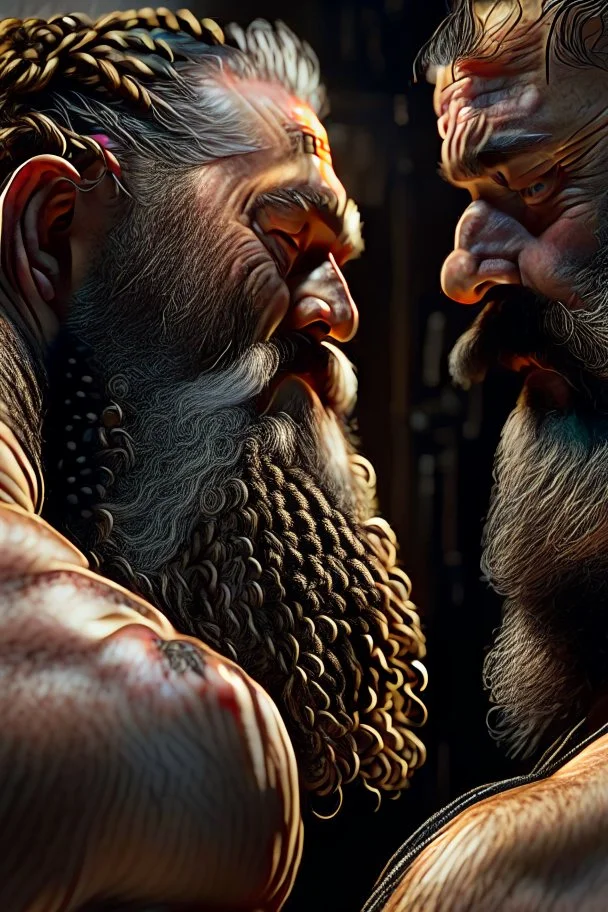 close up photo, chubby muscular burly sweaty turkish man looking down, masculine hairy 59 year old man, with other two male hands touching the chest , dreadlocks, long beard, manly shoulders, ambient occlusion , , super high resolution, 8k, cinematic light, ultra hyper realistic, view from the bottom