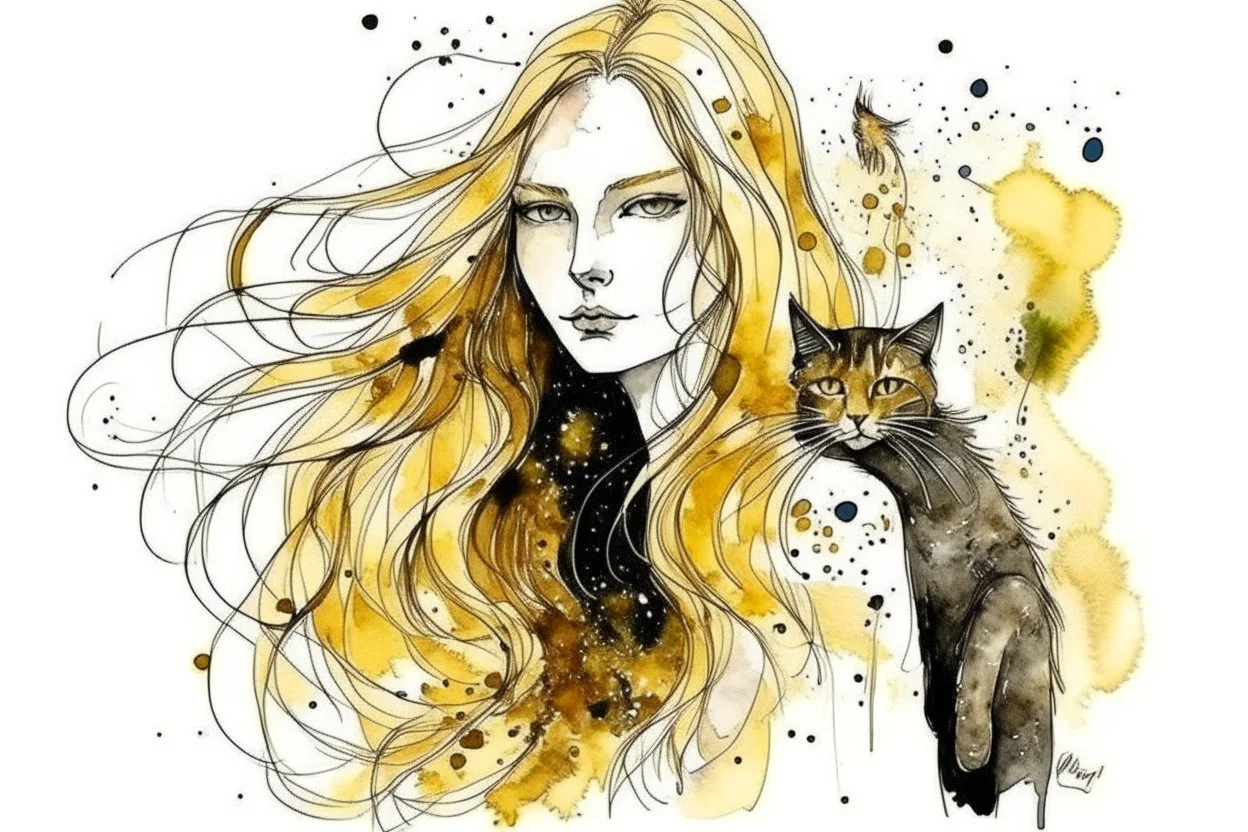 long haired woman with cat, white watercolor and black ink, golden glitters