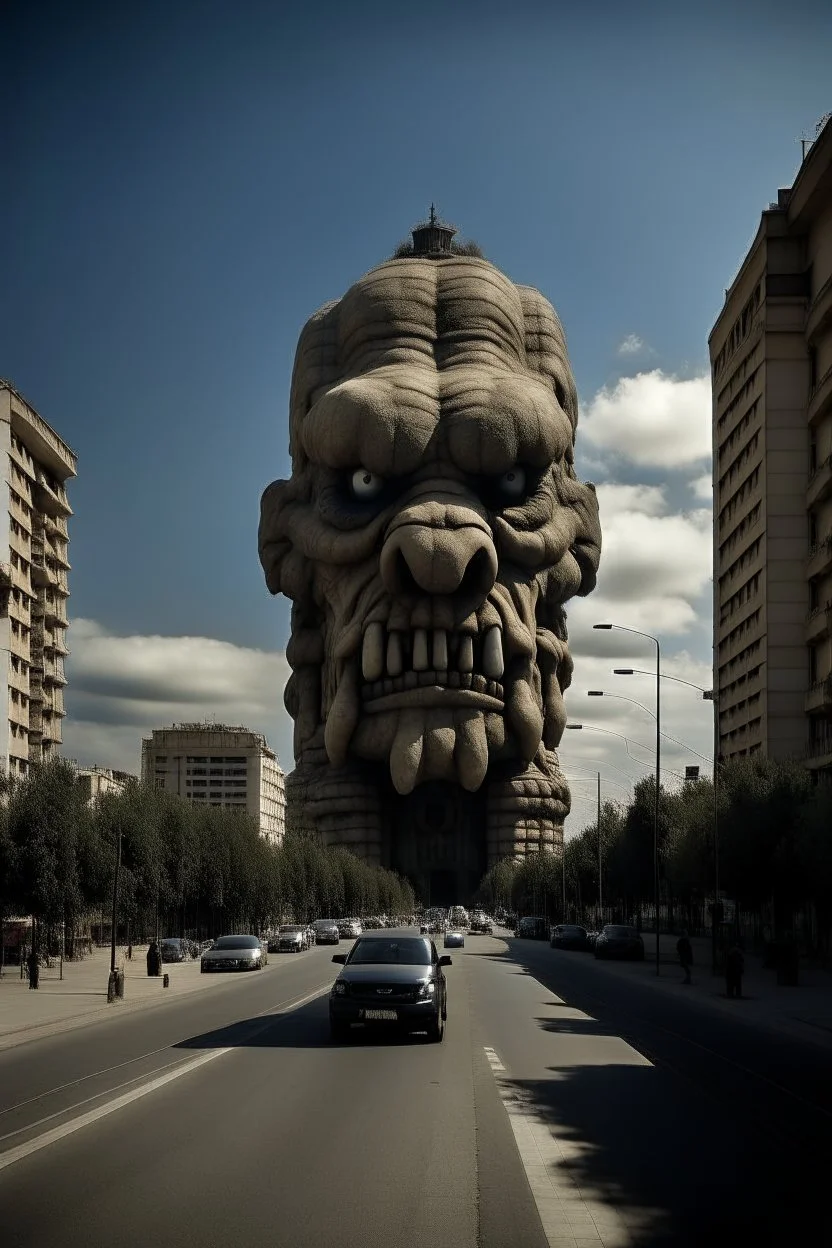 sur un très large boulevard d'une grande ville, un énorme monstre avec une tête de diable de la taille de 10 buildings de haut. Les gens ont le visage effrayé et courent dans tous les sens, les bras dans les airs.