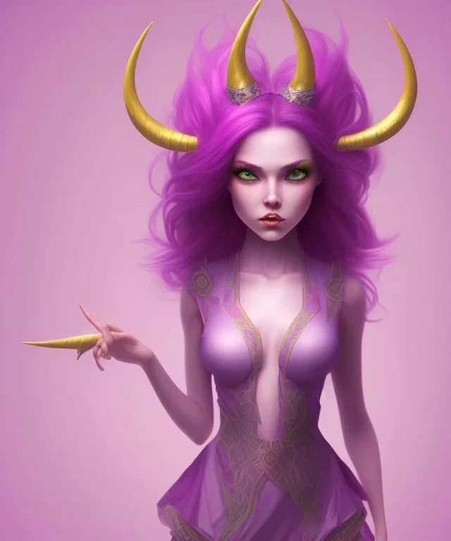 cute purple haired devil girl with bright green eyes and horns on her head wearing a purple/pink dress