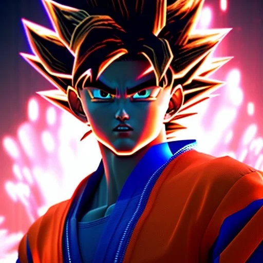 Son-goku in a cyberpunk setting, with neon lights in background, close-up face, extreme details, realistic, unreal engine,