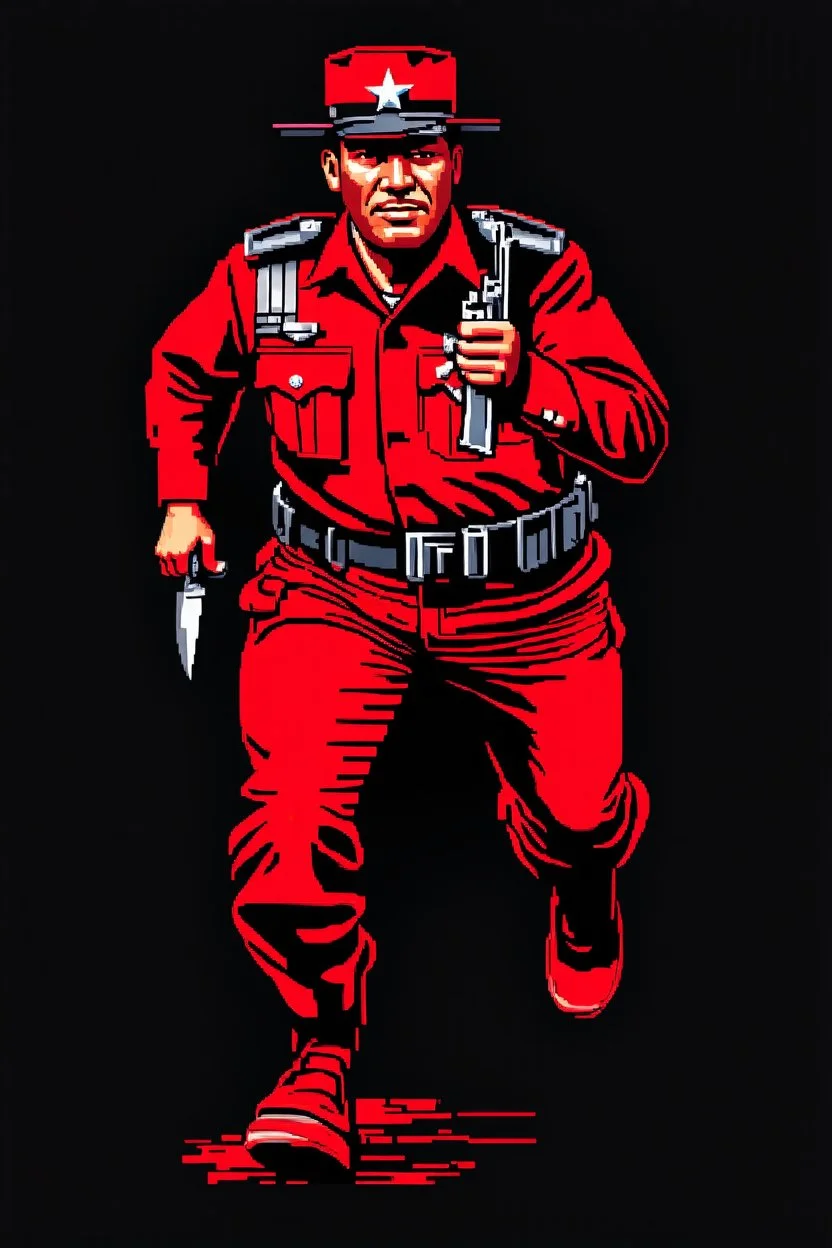 Cuban soldier(uniform and face based on racist steriotypes) running towards viewer, a knife i one hand, and a gun(barrel pointing at viewer) in the other. blocky retro 1960's poster monochrome with white background