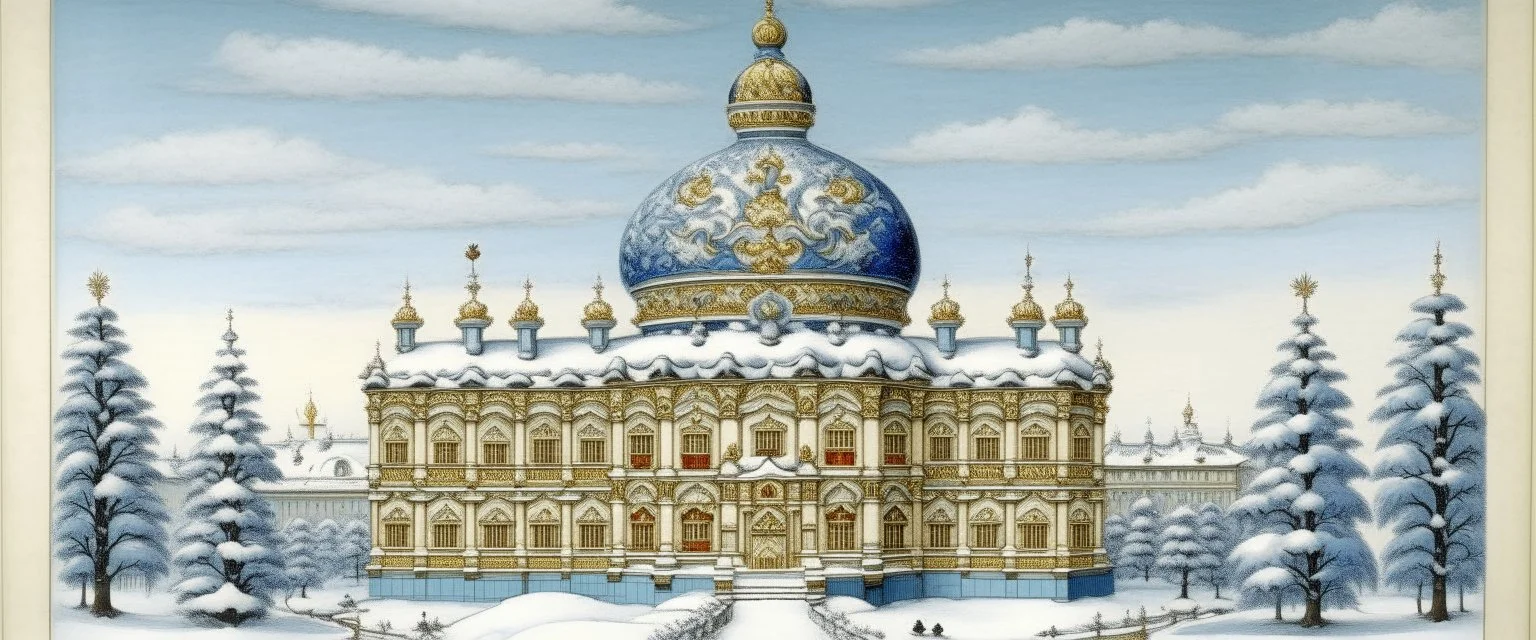 A white cloudy sky with a puffy palace painted by Peter Carl Faberge