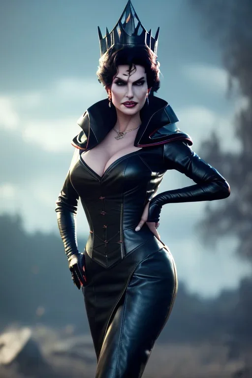 Lisa Ann as evil queen in black leather gown, cleavage, angry, stern look, unreal 5, octane render,cinema4d, dynamic lighting, dramatic lighting, 4k, redshift render, highly detailed, hyper realistic