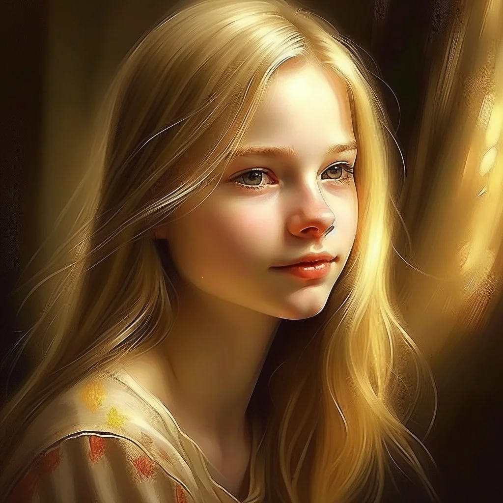 pretty girl, aged 14, blonde, conventionally attractive, dreamy, digital art