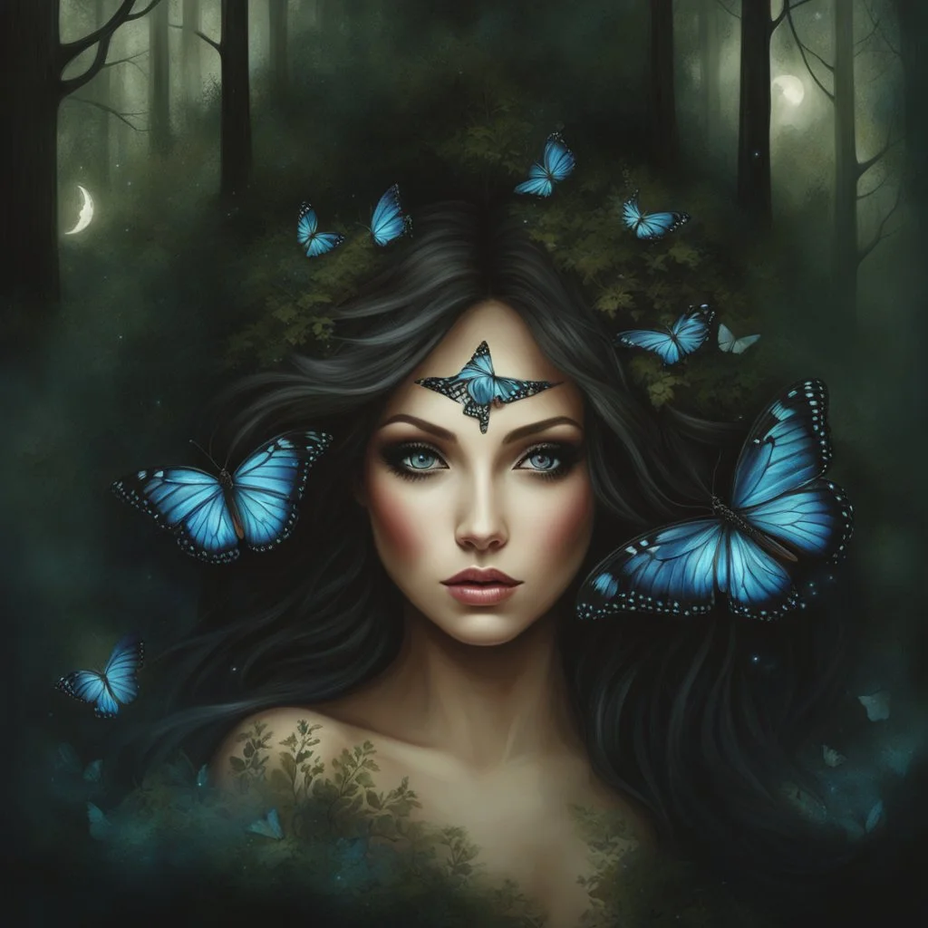 Painting of a beautiful girl, beautiful, fantasy art, dream, trees, forest, dark night, song, glitter butterflies, fantasy