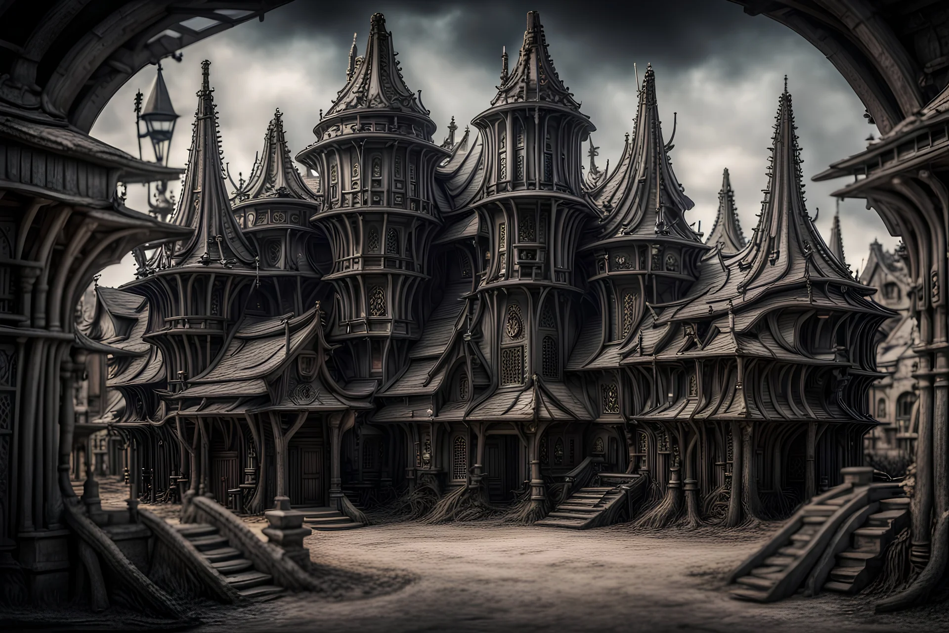 800 century village,DSLR camera Sony Alpha 7 50mm 1.8, medium shot,high-resolution image with fine details,ultra detailed, extremely realistic, intricate, photorealistic, epic composition, masterpiece, H.R.Giger style