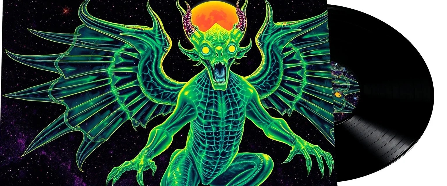 Ming Winged Dingus in the style of Giger and Escher in Transparent Psychedelic Fluorescent Colors looking like a Record Cover