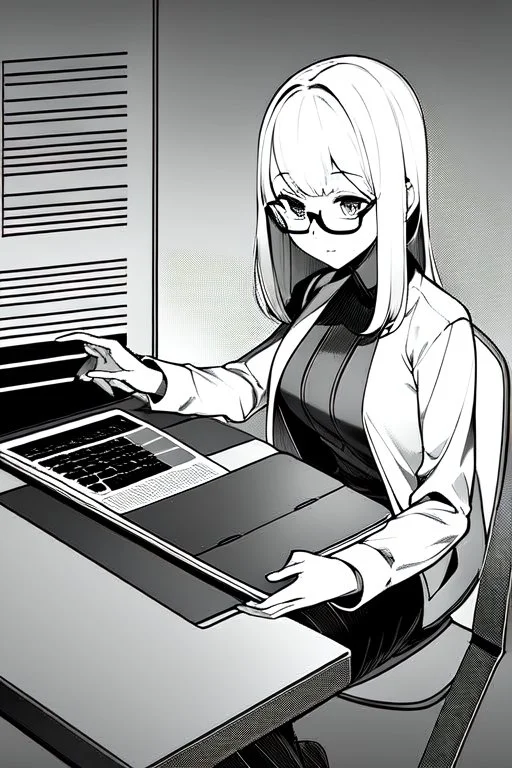 hacker girl with glasses use a laptop sitting in a cafe, line arts, greyscale