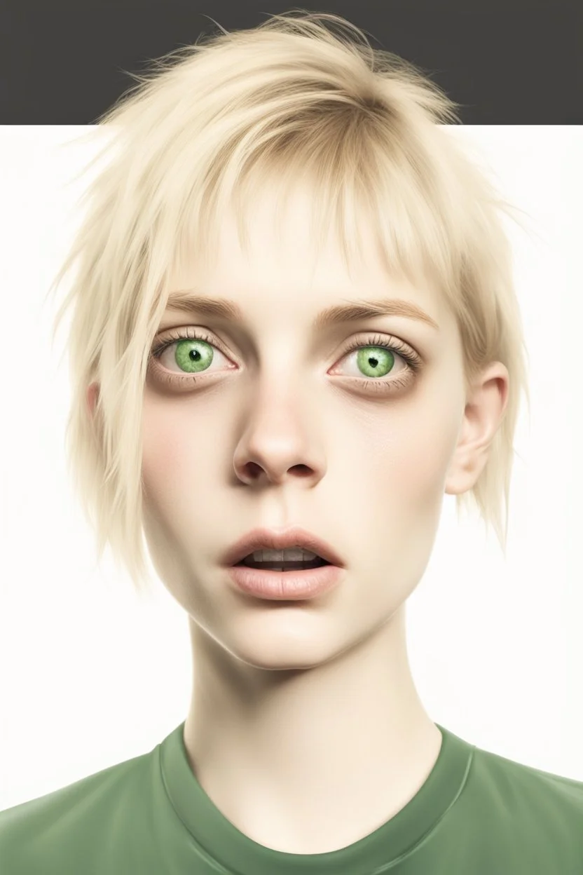 ultra realistic photograph of a very thin young woman with short blonde hair and green eyes bruised face with a frightened expression wearing a loose black teeshirt