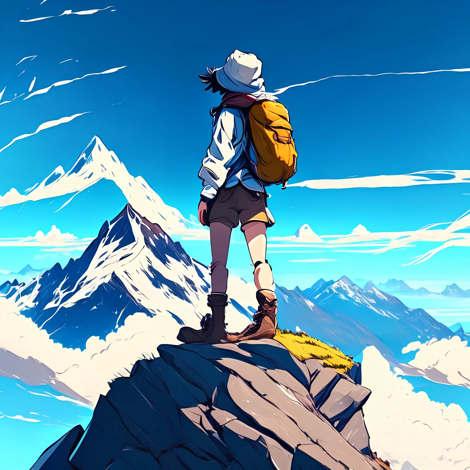 hiker on mountain peak, clear sky background, anime style