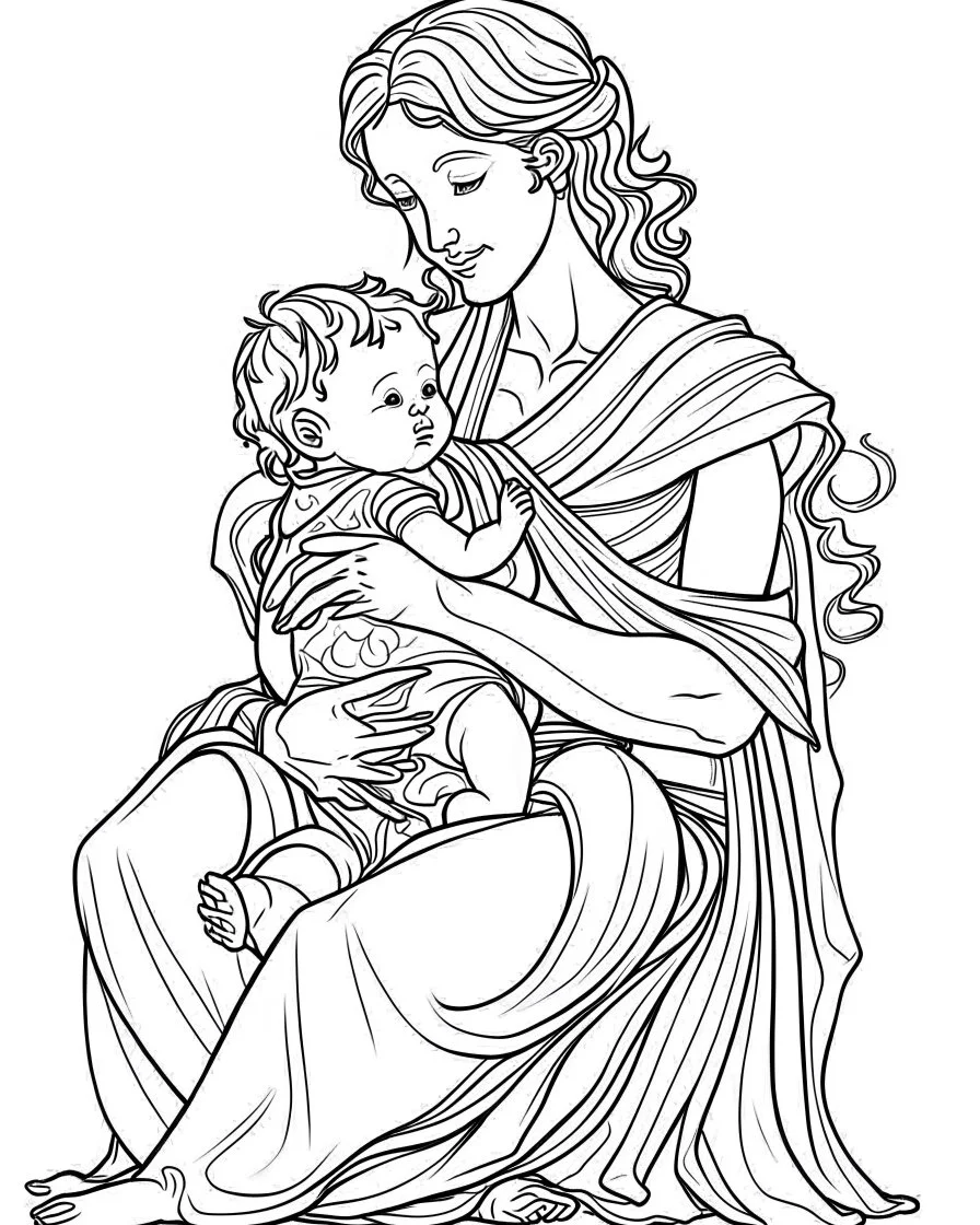 mother with her child coloring page, full body (((((white background))))), only use an outline., real style, line art, white color, clean line art, white background, Sketch style