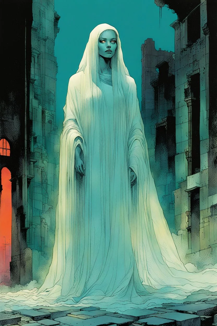 create an imaginative print illustration of the pale translucent ghost of an ancient female Oracle, Pythia with finely detailed hair and feminine facial features, in the ruined city of the dead , in the comic book art style of Bill Sienkiewicz, Mike Mignola, and Jean Giraud Moebius, finely textured, drawn, colored, and inked, suffused with dark foreboding shadows