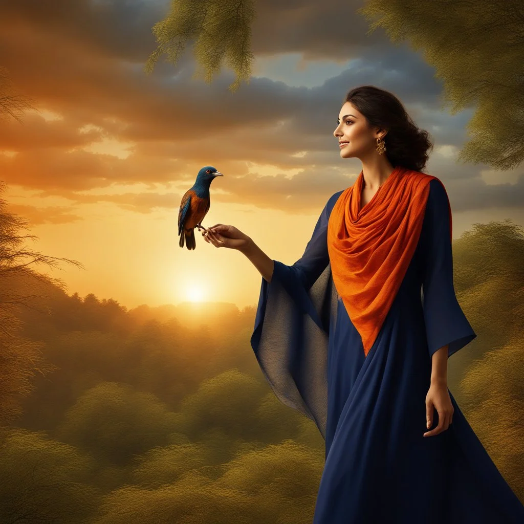 Hyper Realistic photographic-view of a Beautiful-Young-Happy-Pashto-Woman-with-a-bird-on-his-hand with navy-blue-dress-&-orange-shawl & breeze-whirling in a jungle-with-tall-trees & cloudy-sunset-&-sun-rays showing dramatic & cinematic ambiance