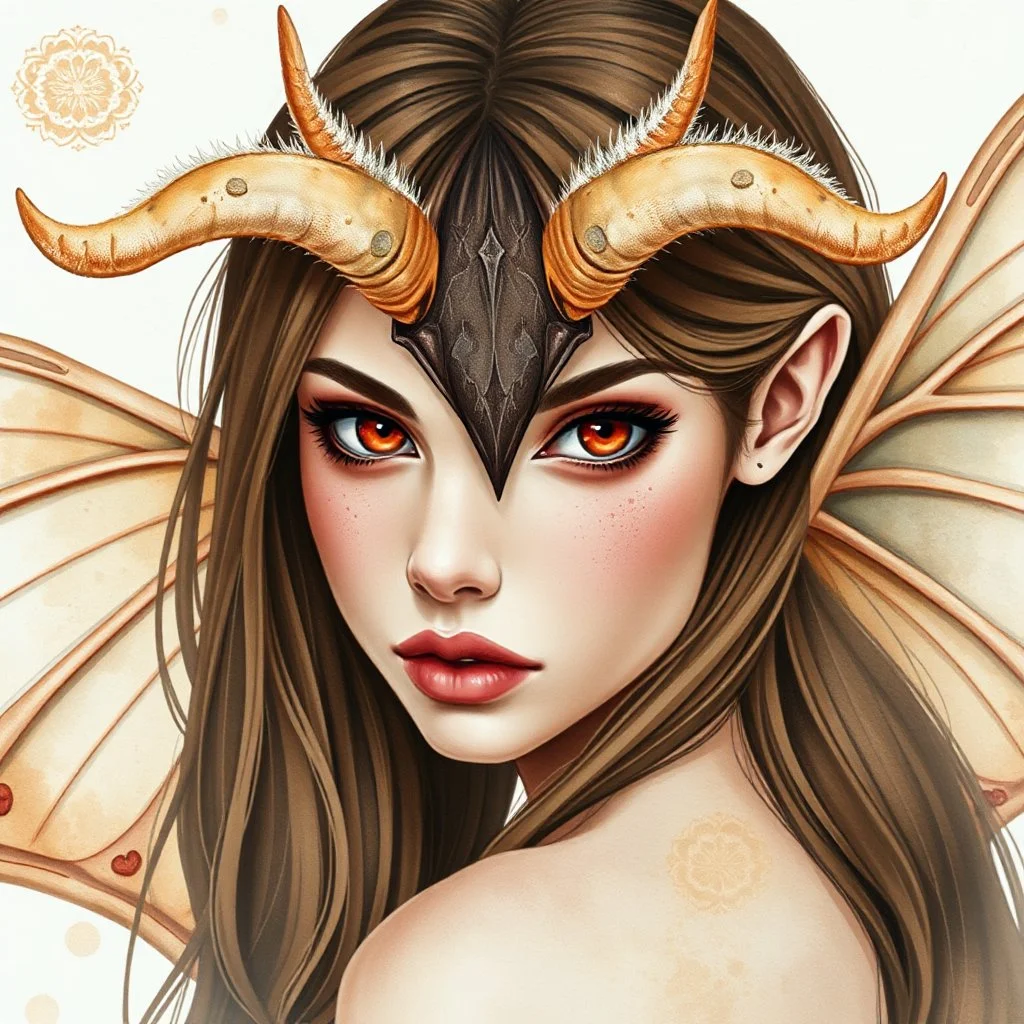 A close-up headshot of a woman with long brown hair, red eyes, fuzzy moth antennae, and White-lined sphinx moth wings on her back, watercolor, intricately detailed, high definition, 4k,