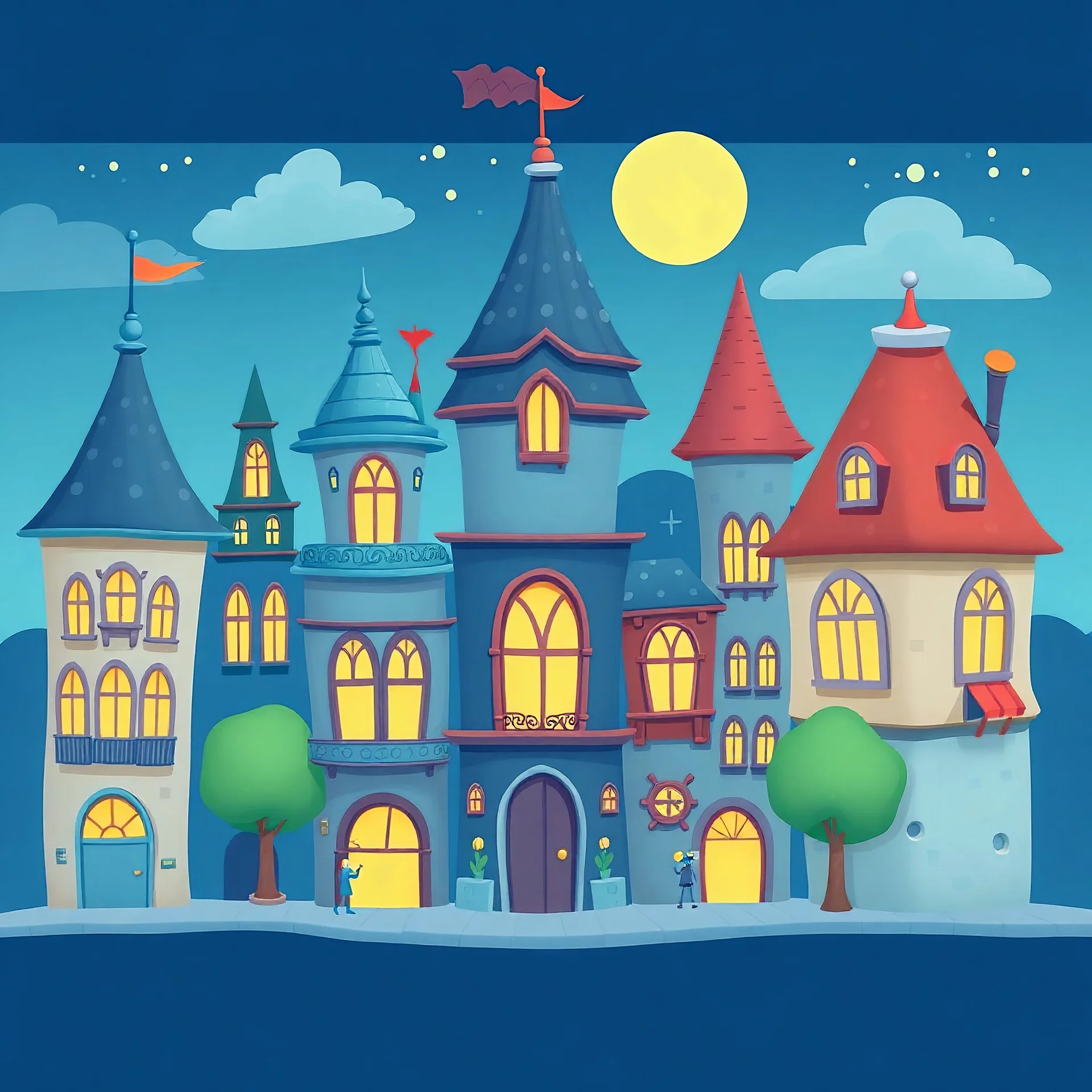 Cartoon whimsical fantasy blue city buildings