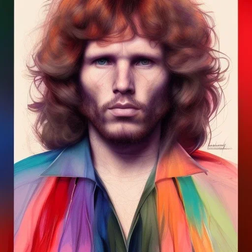 Photo of Jim Morrison , beautiful face, multi-hued red hair; in the style of martine johanna, draped in flowing fabric, ignore nsfw, colorful energetic brush strokes, realistic, sharp focus, 8k high definition, insanely detailed, intricate, elegant, art by martine johanna and artgerm