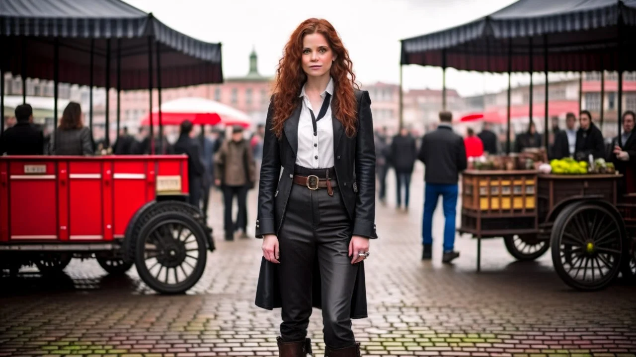 full-length portrait of a pale-faced woman with auburn wavy shoulder-length hair, with metal arms and legs, dressed in leather trousers and jacket, with a blouse, standing beside a steam carriage in a busy market square
