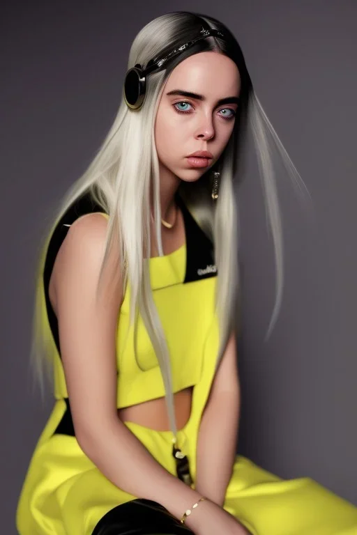 Billie Eilish, sitting on a chair, Black Short Dress, high detail, realistic