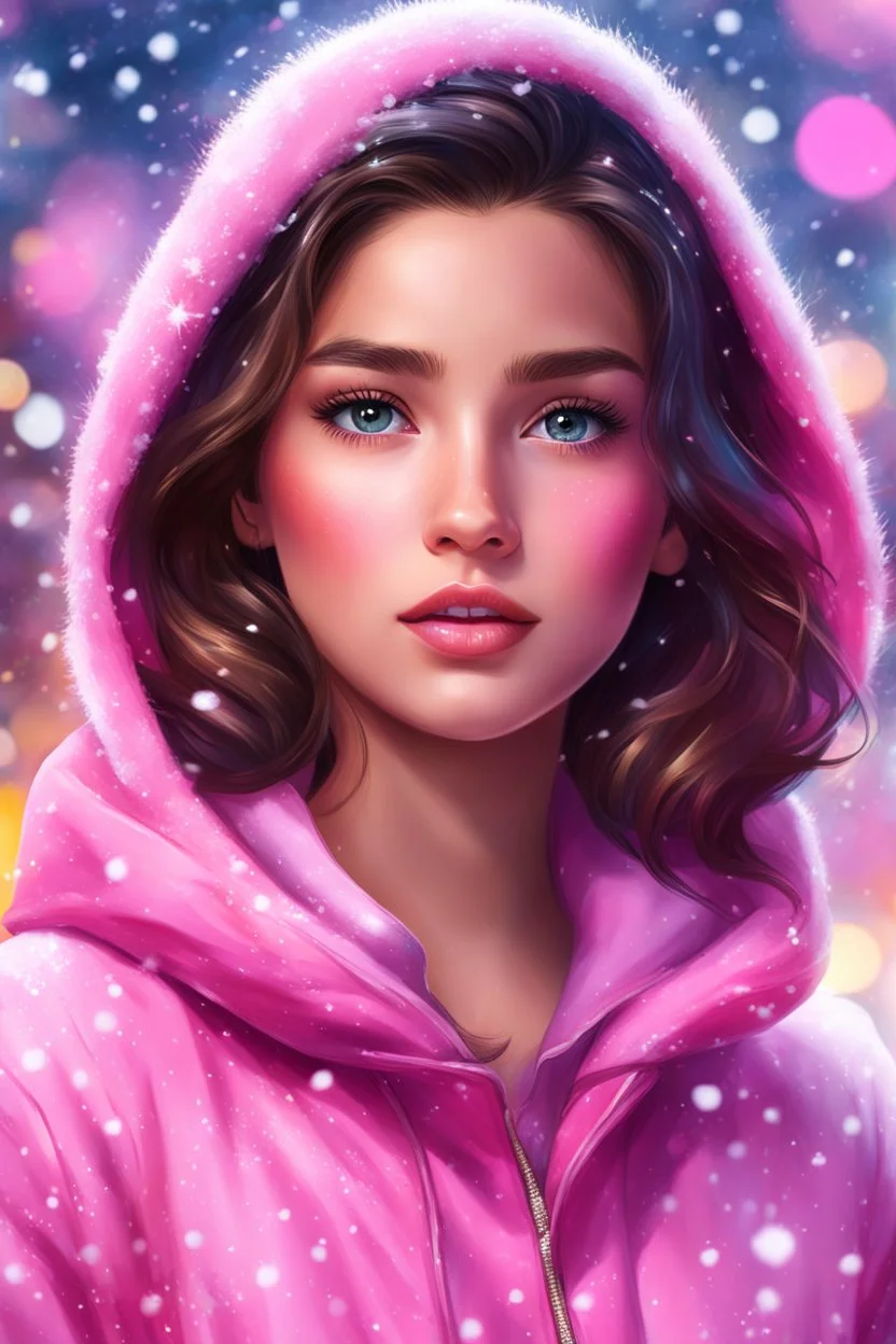 Digital painting of a beautiful girl in a stylish pink jacket, 15 years old, front view, Anna's face, dark hair, hazel eyes, rosy cheeks, pink lips, Disney art, snowfall, colorful bokeh background, digital painting style, High Quality, 4k