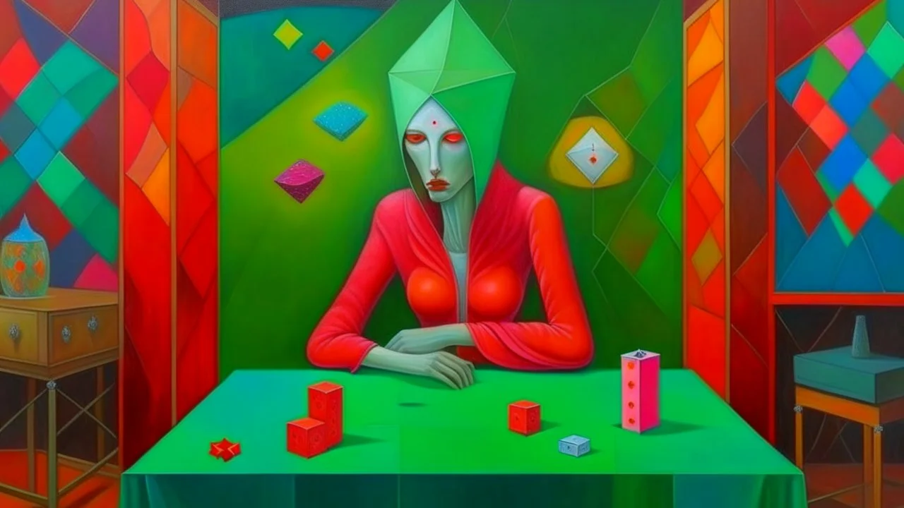 the cube-headed poker player at the green table surreal by peter mitchev