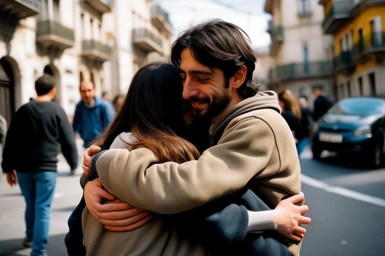 Personas abrazadas de espaldas en una calle de una ciudad española. fotografía realizada con cámara Leica y objetivo 50 mm