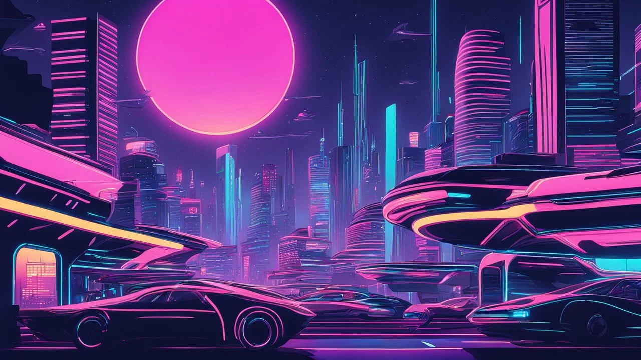 A futuristic cityscape at night with neon lights and flying cars.