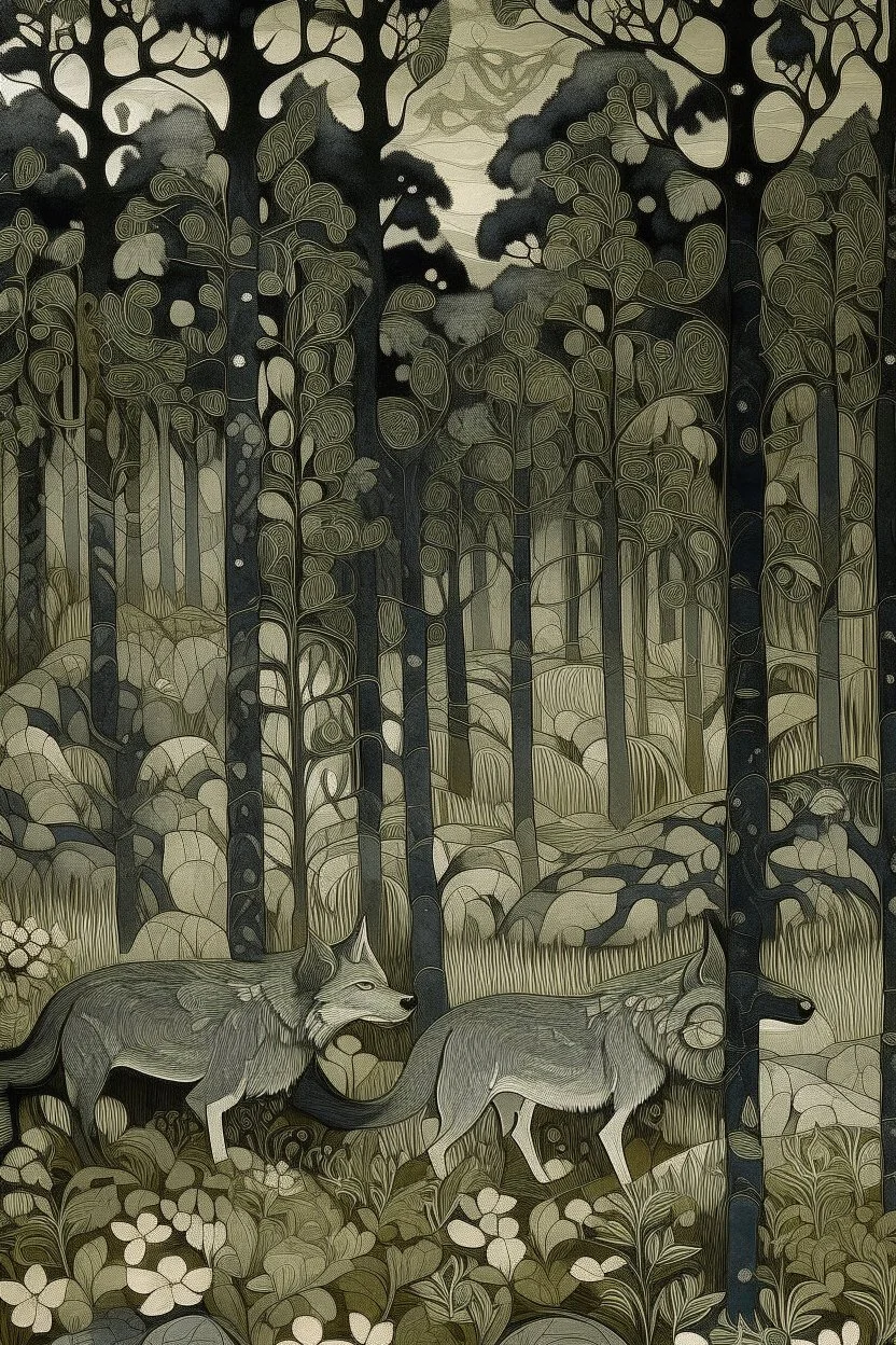 A gray shadowy woodland with smoky wolves designed in medieval tapestry painted by Gustav Klimt
