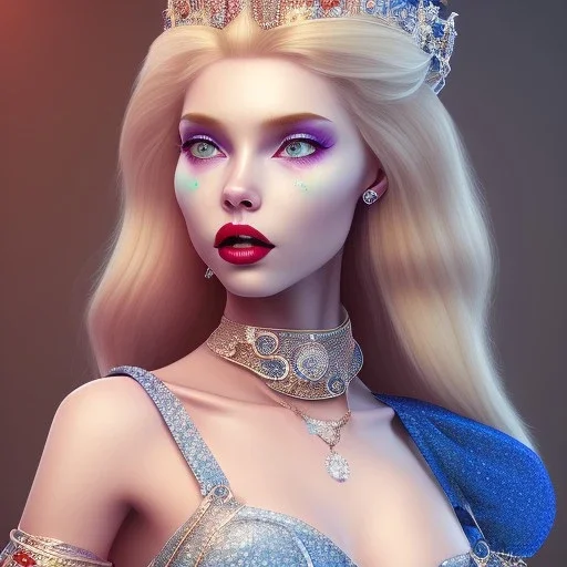 a princess with a lot of jewellery, long blonde hair, red lipstick, blue eyes, dramatic, dramatic lighting, pixar style, volumetric lighting, hyperrealism, 8k, high quality, photorealistic, lot of details